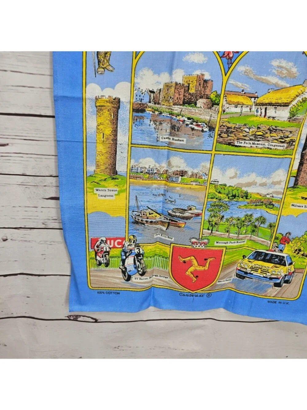 Vintage Isle Of Man Souvenir Tea Towel Featuring Landmarks Laxey Wheel Castle Ru